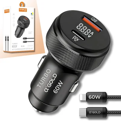 Carregador Veicular Turbo 60w Mts Com Cabo Ios Para Automóvel – 2 Portas Usb + Usb-c, Carrega 2 Dispositivos Ao Mesmo Tempo, Alta Velocidade, Potente
