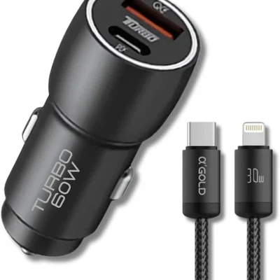 Carregador Veicular Turbo Para Automóvel 60w Duas Portas | Carregamento Ultra Rápido Usb 3.0 | 9,1a Entrada Usb E Tipo C | + Cabo Tipo C -lightining|