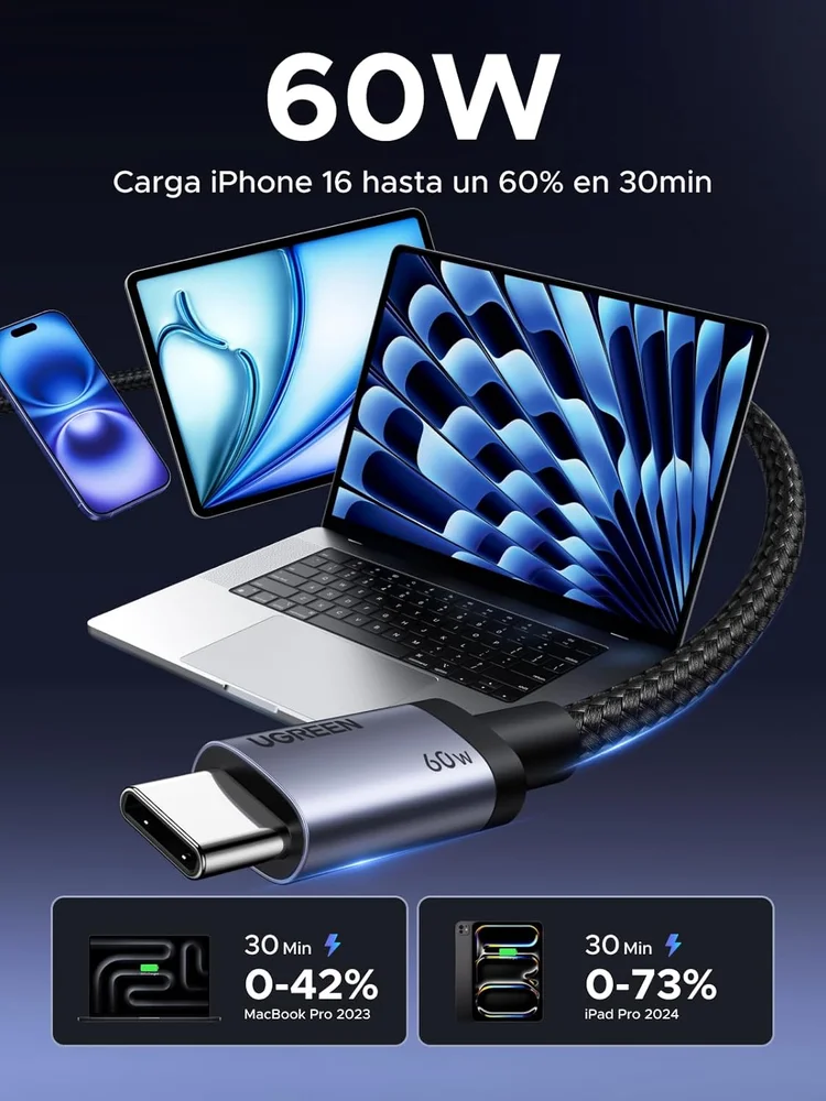 Imagem 2 de 5 do produto Ugreen Cabo Usb C 20v/3a 60w Pd 3.0 ( 1 Metro, Nylon ) Carregamento Rápido Compatível Iphone 17 Pro Max Air 16 15 Ipad Galaxy S25 Plus Ultra S24 Etc.