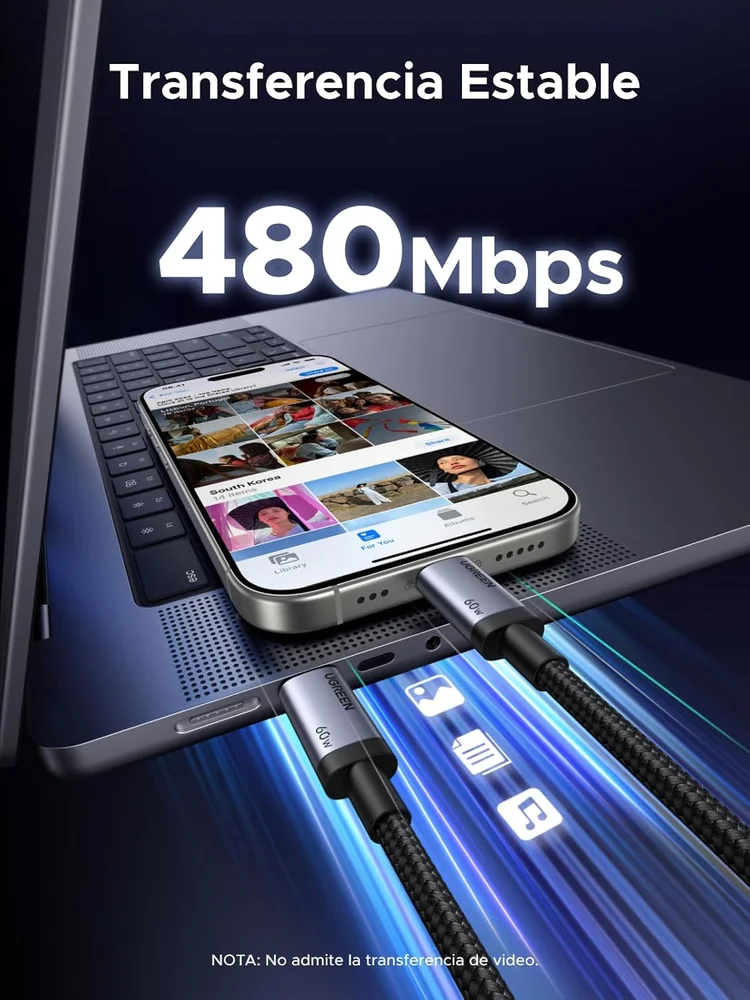 Imagem 3 de 5 do produto Ugreen Cabo Usb C 20v/3a 60w Pd 3.0 ( 1 Metro, Nylon ) Carregamento Rápido Compatível Iphone 17 Pro Max Air 16 15 Ipad Galaxy S25 Plus Ultra S24 Etc.