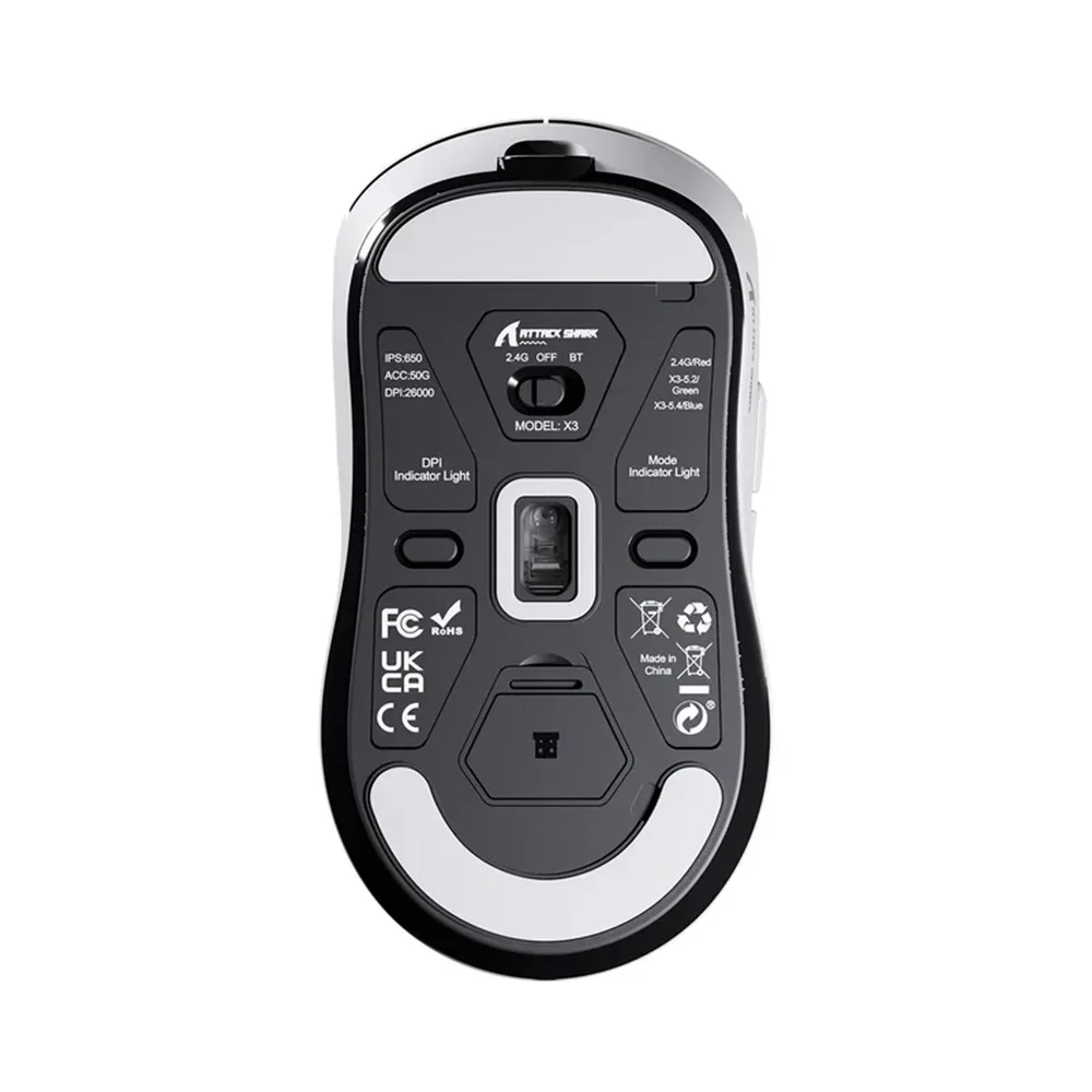 Mouse Gamer Sem Fio Attack Shark X3 Tri-mode, 26.000 Dpi, Sensor Óptico Paw3395, 6 Botões Programáveis - Branco