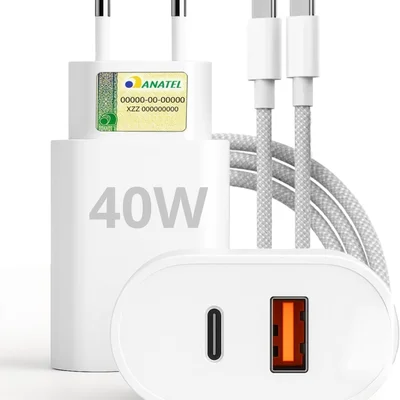 Carregador Tipo C Turbo 40w 9.1a Com Cabo Usb-c Compatível Com Android E Ios. Duas Entradas: Usb E Usb-c Carga Rápida Tecnologia Pd Power Duo