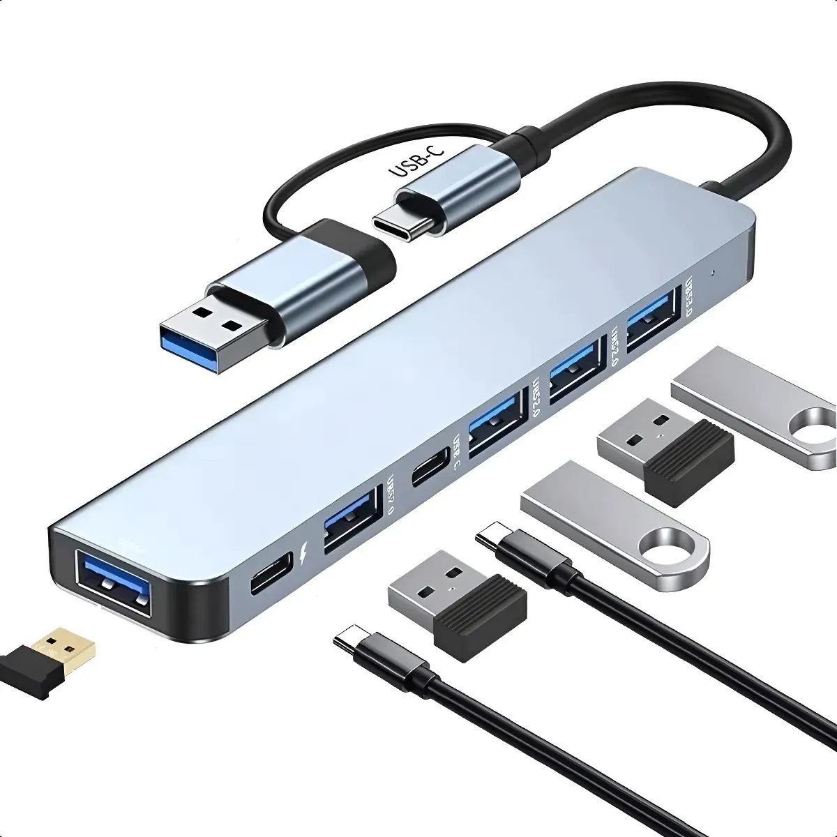 Hub Usb 7 Em 2 Com Usb 3.0 E Tipo C - Expansão Versátil Com 5gbps - Compatível C/macbook, PC, Laptops, Pen Drive, Mouse
