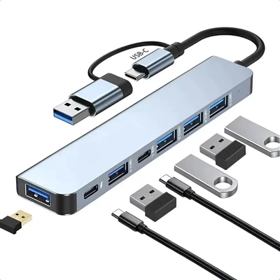 Hub Usb 7 Em 2 Com Usb 3.0 E Tipo C - Expansão Versátil Com 5gbps - Compatível C/macbook, PC, Laptops, Pen Drive, Mouse