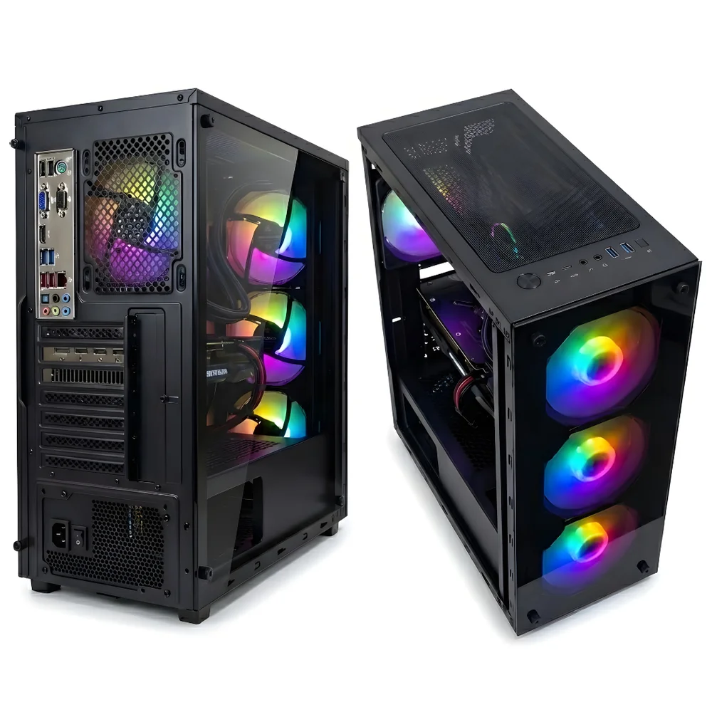 GABINETE GAMER PRETO MID TOWER COM 4 FANS RGB RAIBOW ATX MICRO ATX VIDRO FRONTAL E LATERAL