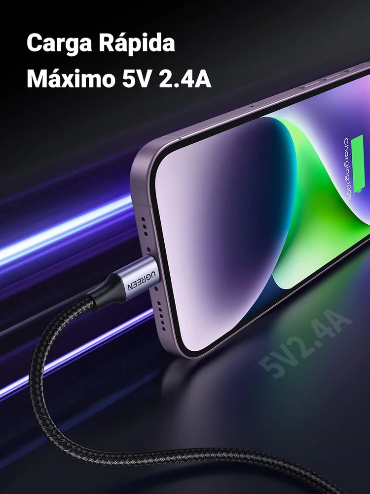 Imagem 2 de 5 do produto Ugreen Cabo Usb Para Lightning ( 1 Metro Nylon Trançado ) Certificação Mfi, Compatível Iphone 14 13 12 11 Pro Max Xr Xs X 8 7 Plus,