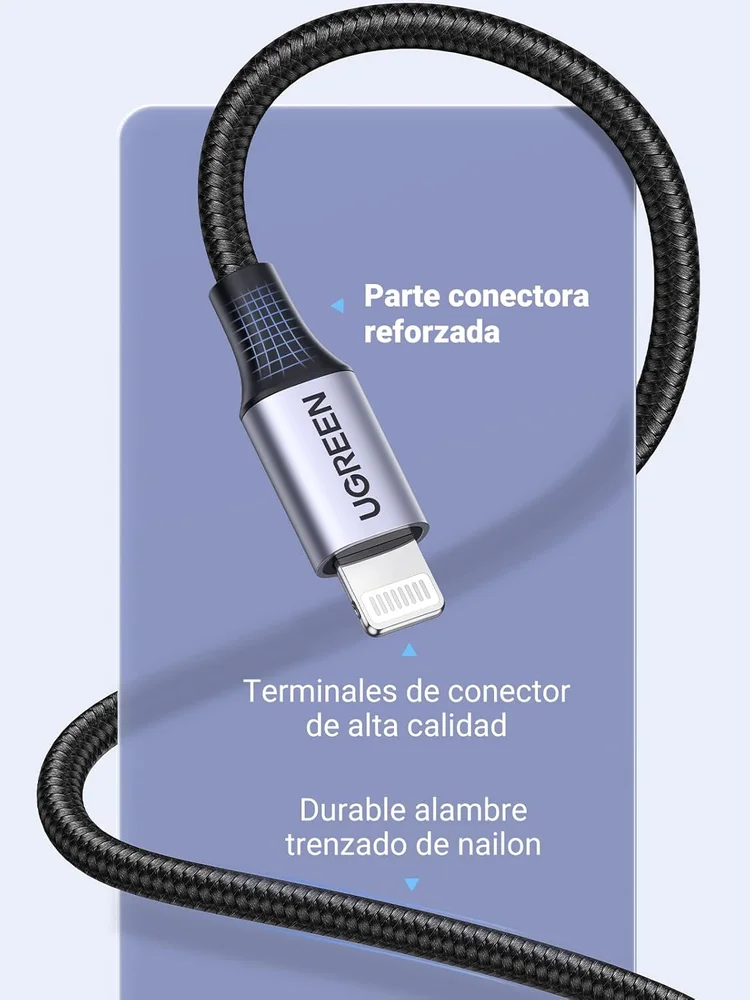 Imagem 3 de 5 do produto Ugreen Cabo Usb Para Lightning ( 1 Metro Nylon Trançado ) Certificação Mfi, Compatível Iphone 14 13 12 11 Pro Max Xr Xs X 8 7 Plus,