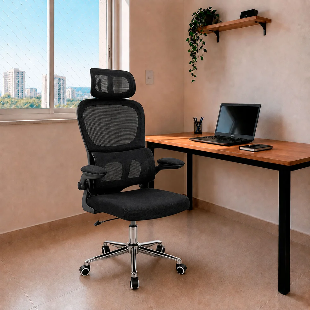 Cadeira Diretor Atenas Ergonômica Suporte Lombar 3D Apoio Cabeça Ajustável Preta