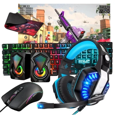 Kit Gamer Teclado Semi mecânico RGB + Mouse 7 Botões Rainbow + Headset Fone de Ouvido Drive 50mm LED Azul + Caixa Som 6W RGB + Mouse Pad G 80x40 cm