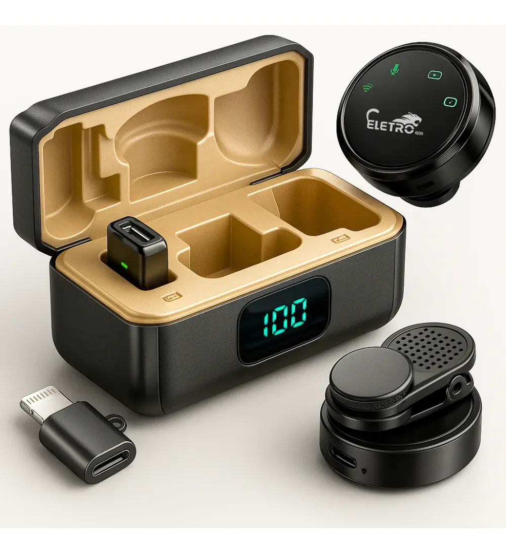 Microfone Lapela Iphone Android Profissional Gravar Celular Duplo Anti Ruído Redondo Magnético Com Case Carregador Visor Digital Receptor Usb-c Adapta